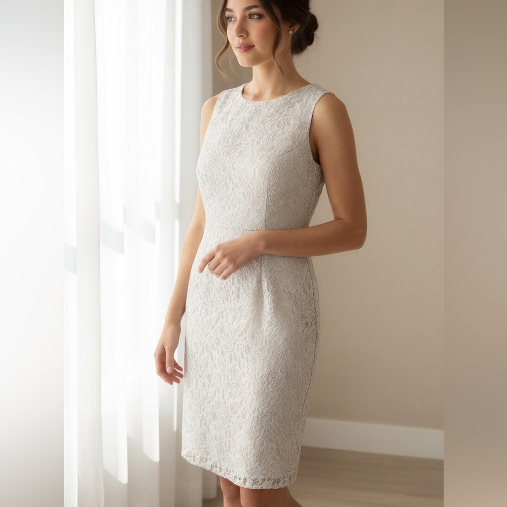 Tahari Off-White Silver Detail Lace Sleeveless Sheath Dress Scoop Bridal Size 4